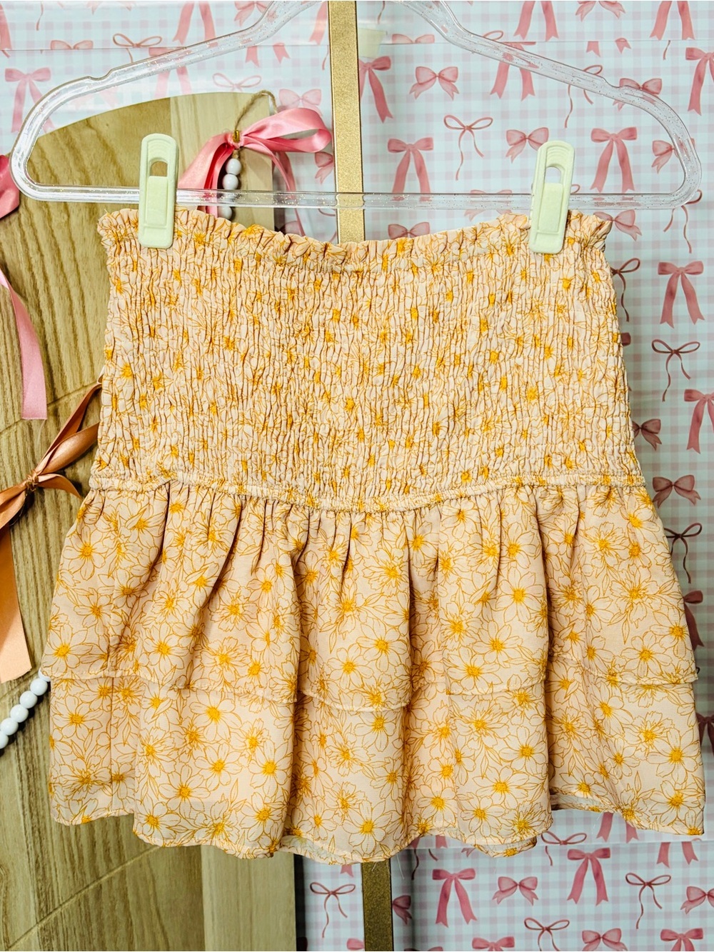 Storia Peach Orange Gold Daisy Floral Smocked Ruffled Tier Summer Mini Skirt M